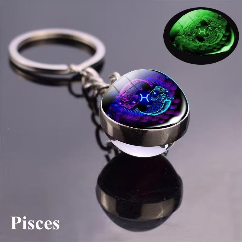 Luminous 12 Constellations Keychain Double-Sided Glass Ball Zodiac Pendant Key Ring