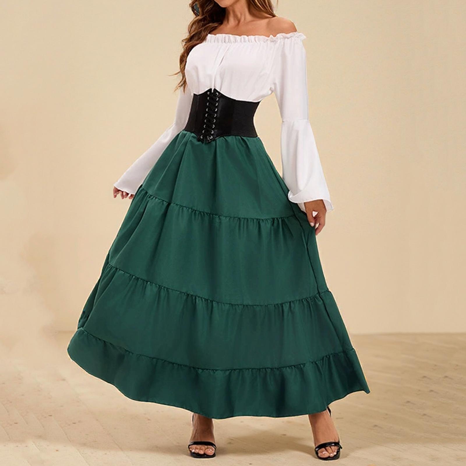 

Женское модное ретро-макси-платье с рукавами-трубами и талией L зелёный