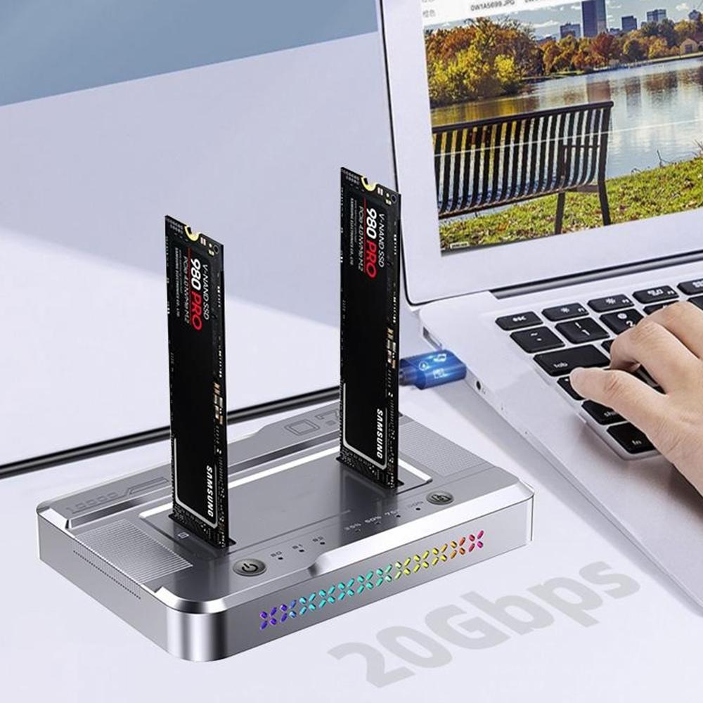 Dual Bay M.2 NVMe/SATA SSD Cloning Dock, Offline One-Key Copy, 5Gbps USB-C 3.2 Hard Drive Enclosure, SATA-to-SATA Clone