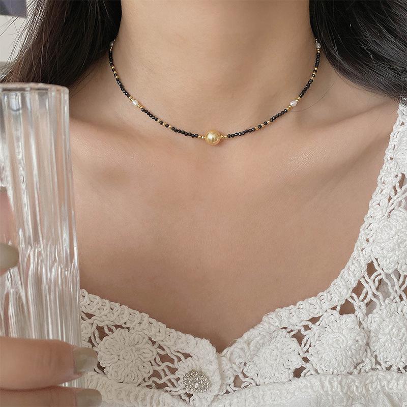 Roman Story Black Crystal Necklace for Women, Light Luxury Niche S9Pure Silver gold Shijia Pearl Collarbone Necklace gold Pearl Black Spinel N