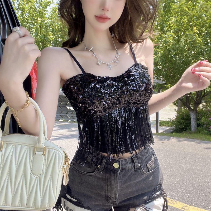 

Sexy Summer 2026 Sequin Patchwork Strapless Tassel Tank Top Small (suggest 78-98 jin) чёрный