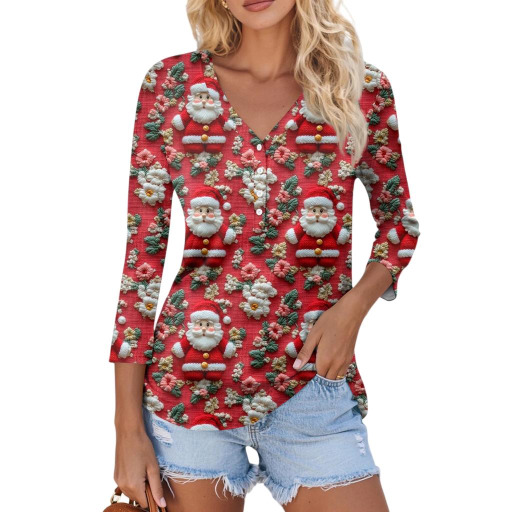 Women's Casual Fashion Sexy Comfortable Christmas Print V-Neck Button Three-quarter Sleeve Top
