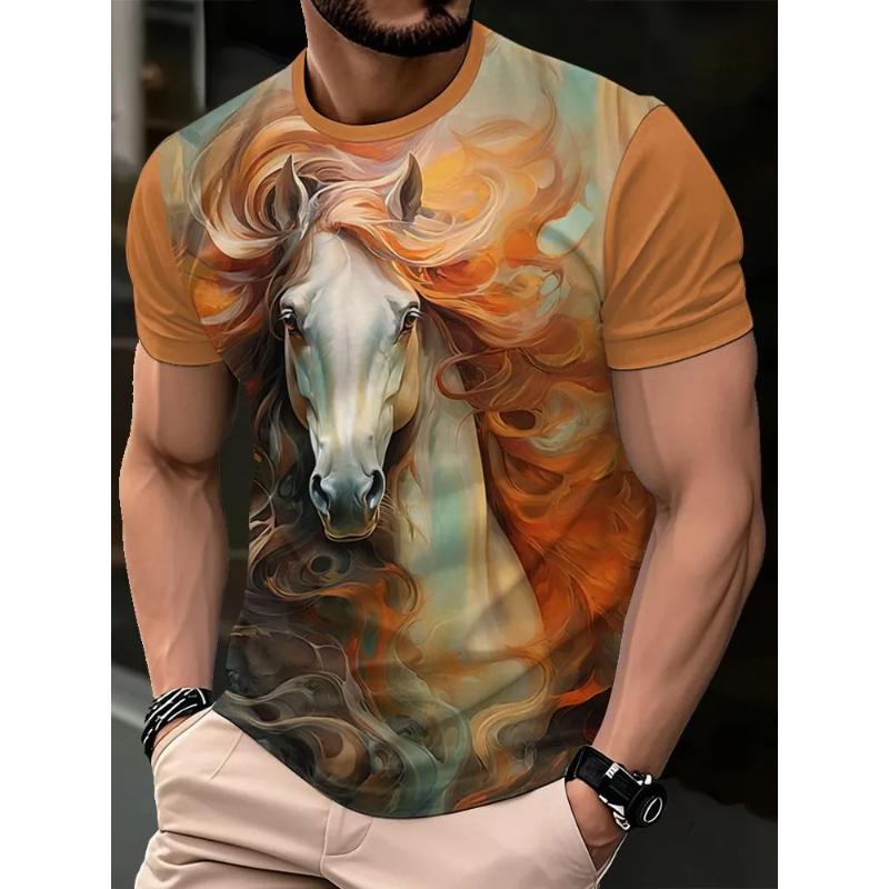 Fashionable men s crew neck short sleeve 3D animal color print crew neck T-shirt animal short sleeve XS