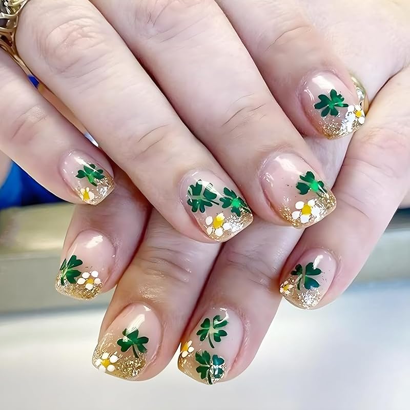 24Pcs St. Patrick s Day Press on Nails Short Square Fake Nails White Green Four Leaf Clover Glue on Nails Green Glitter Artificial Nails Shamrock Shamrock Nails Short-38