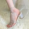 Women's fashion sandals 2025 new summer temperament socialite thick heel straps high heels design sense niche crystal