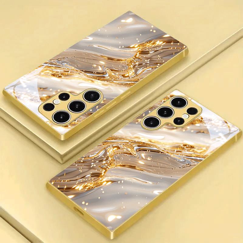 Golden White Ripple Pattern Glass Phone Case Suitable for Samsung Galaxy S26 S25 S24 S23 S22 S21 S20 FE/Ultra/Plus Anti Drop