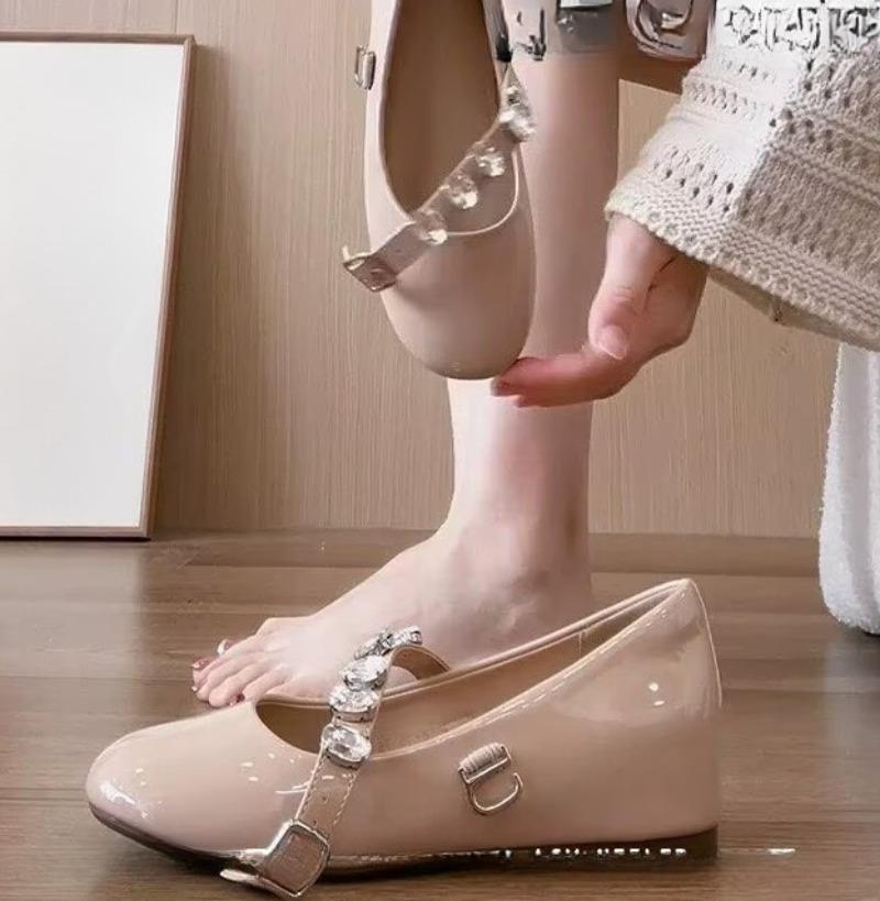 Rhinestone Slip with Soft Sole Inside Heightening Single Shoes Fashion Round Toe Shallow Mouth Non-slip Flats