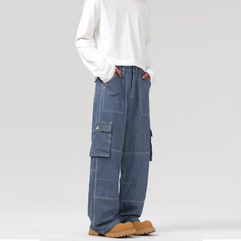 

American Workwear Retro Striped Straight Jeans Street Loose Trousers for Men and Women 2XL