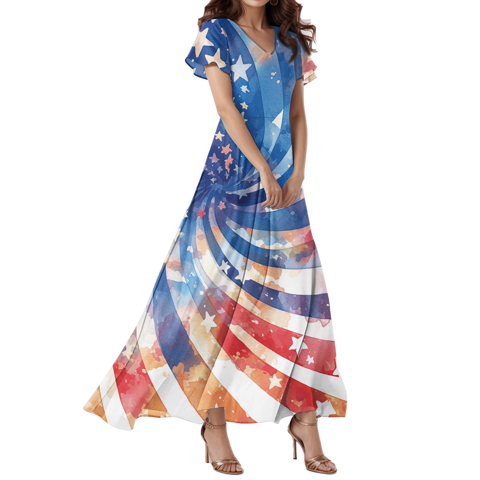 Women s Loose Casual V-Neck Short Sleeved High Waisted Independent Day Print Dress M синий