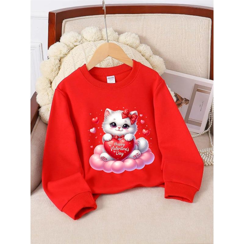 European sizes Crewneck Sweatshirt for Kids Featuring an Adorable Cat Heart Design, Ideal for Both Sports And Casual Outings. Soft And Comfy