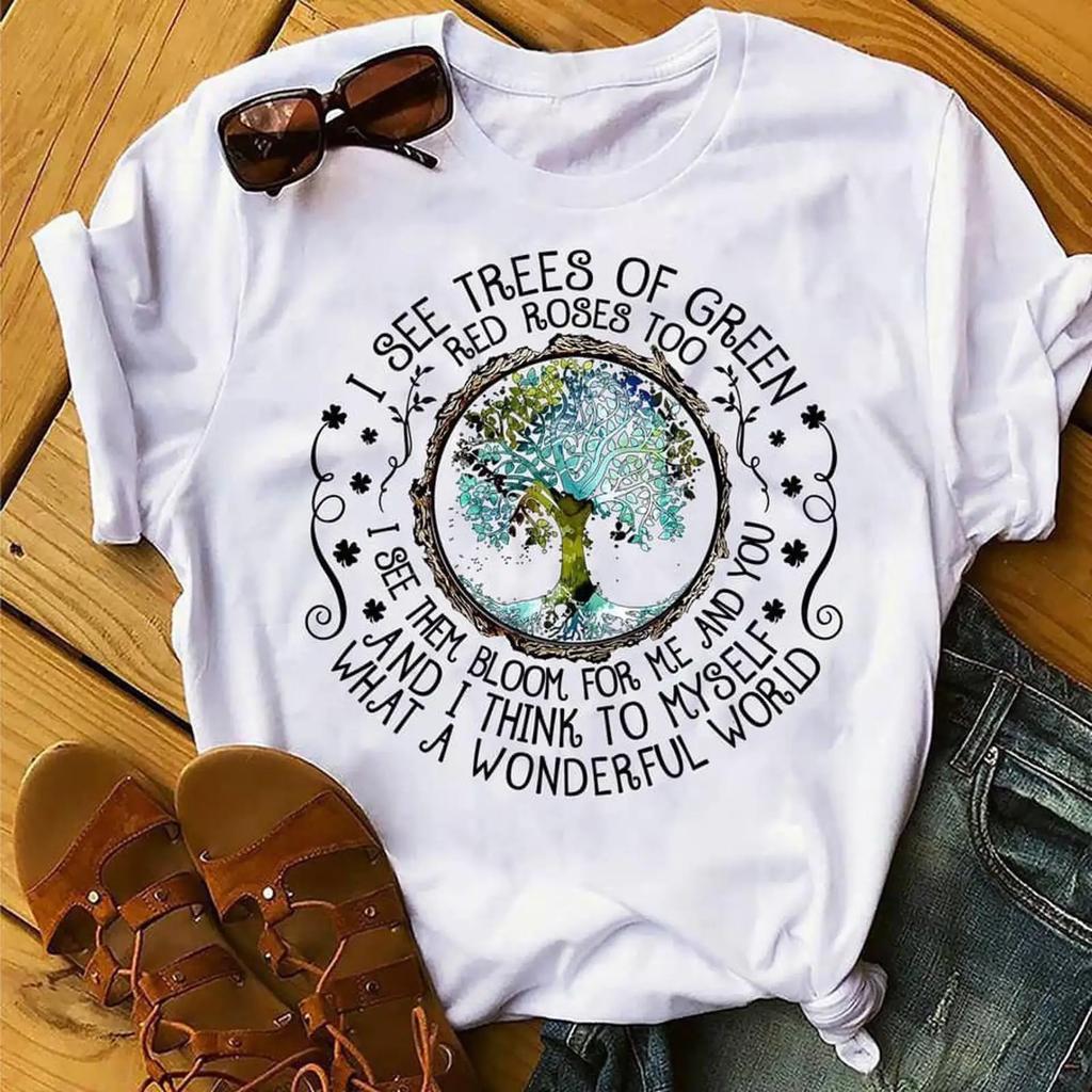 Trees Of Green T Shirt Wonderful World Hippie Vintage Fashion Breathable Casual Top For Everyday Wear Soft Graphic