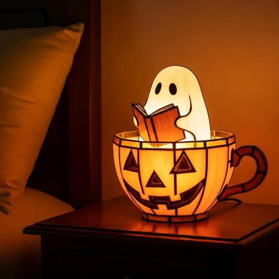 Ghost Reading Book Lamp Cute LED Ghost Reading in Pumpkin Cup Halloween Night Light for Bedroom Tabletop Decor