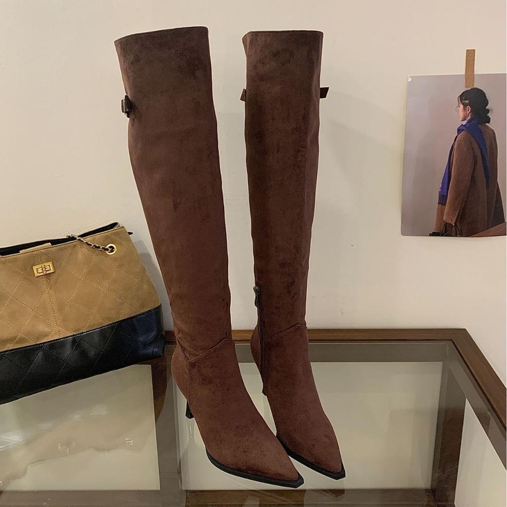 Pointed High-heeled Piled Boots 2025 Autumn and Winter New Retro Suede Thin Over the Knee Two Wear Knight Boots Women