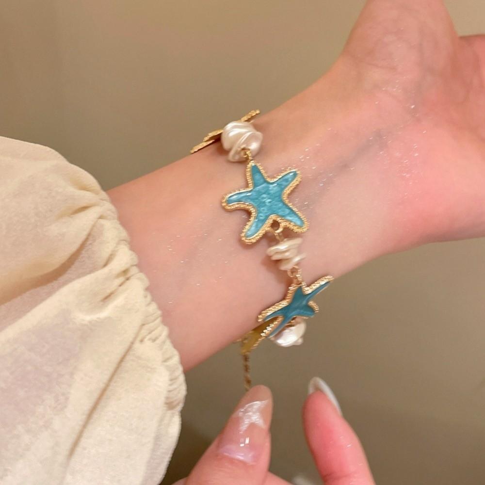 Bohemian Style Acetate Starfish Bracelet Ornaments Adjustable Acetic Acid Star Bangle with Pearl Decorations Beach Hand Chain