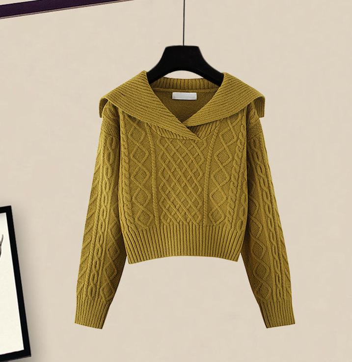 

Комплект из двух предметов: японский свитер и юбка с темно-синим воротником в стиле ретро, осень 2024 г., короткий топ. L