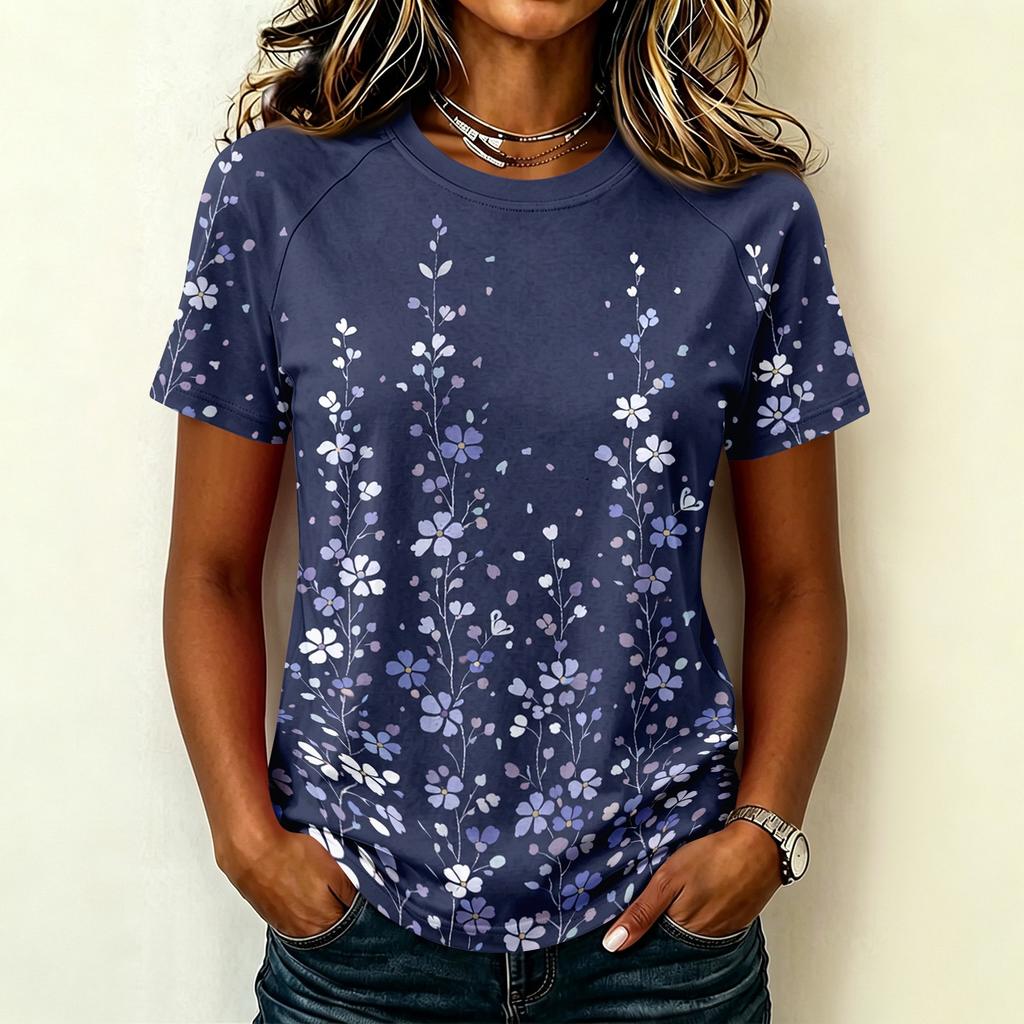 Women's Casual Raglan Sleeve Floral Print Short Sleeve Top Round Neck Lightweight Blouse Soft Fabric Relaxed Fit Summer Shirt