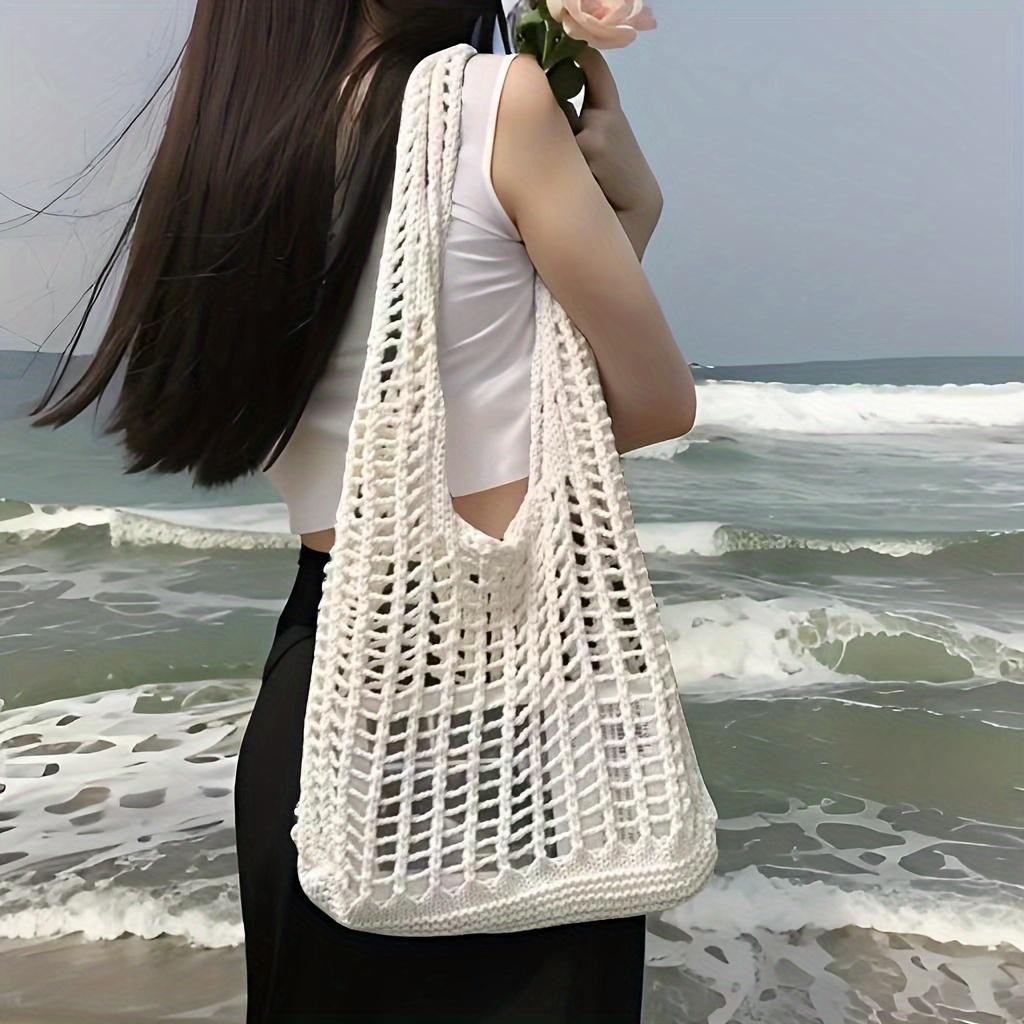 Elegant Summer Durable Beach Shoulder Bag - Minimalist Hollow Knit Solid Color With Stylish Wristlet Ideal For Holidays