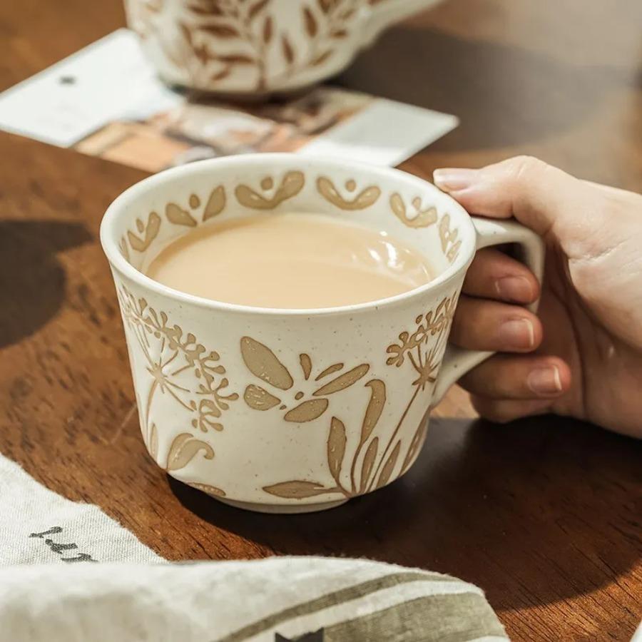Vintage Embossed Aquatic Weed Ceramic Coffee Cup Breakfast Oatmeal Milk Mug Home Drinking Water Mug Holiday Gift Mug Home Decor