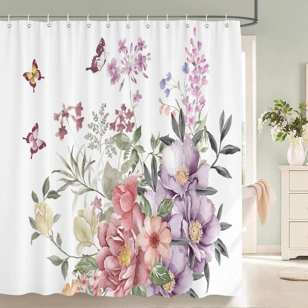 Nordic style Flower Leaf Plant Printed Fabric Shower Curtains Floral Bath Screen Waterproof Products Bathroom Decor with Hooks