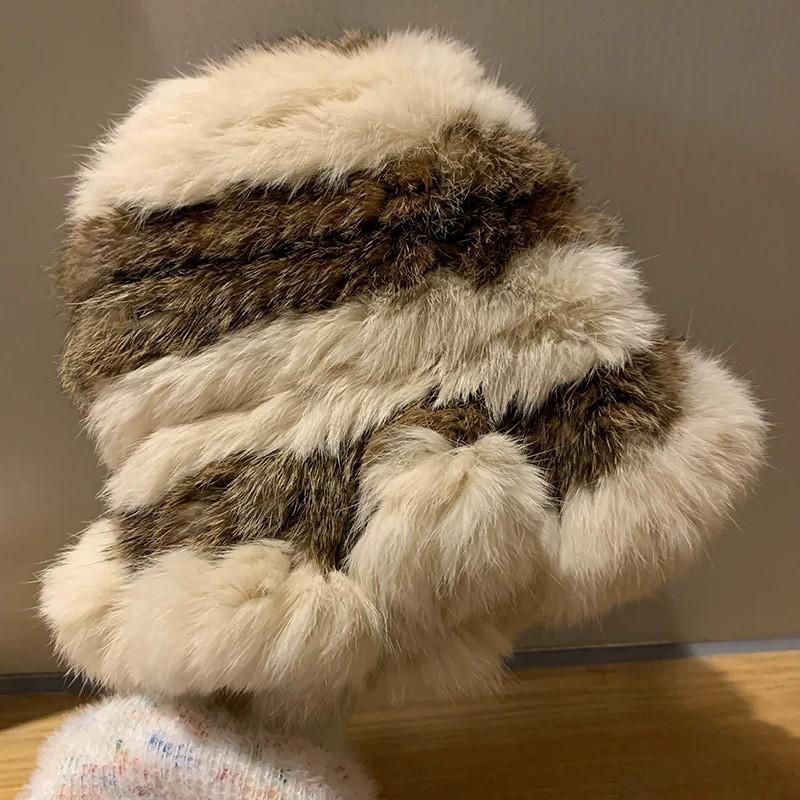 Fashion Rabbit Fur Patchwork Knit Bucket Hat Women Warm Fall Winter Large Head Size Face Slimming