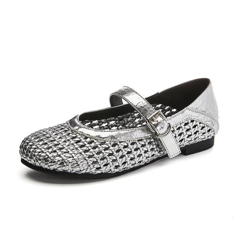 Woven hollow Mary Jane shoes women's breathable one-word strap single shoes women's new summer fashion commuter flats