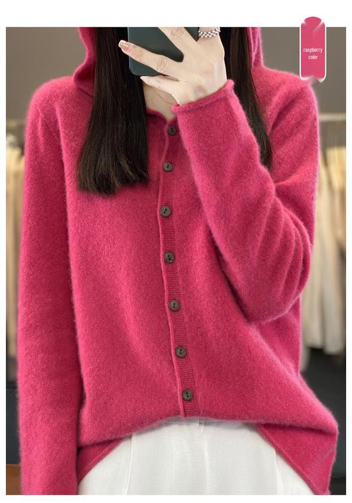 Women's 100% Wool Hooded Cardigan - Versatile Autumn/Winter Pure Color Knit Jacket