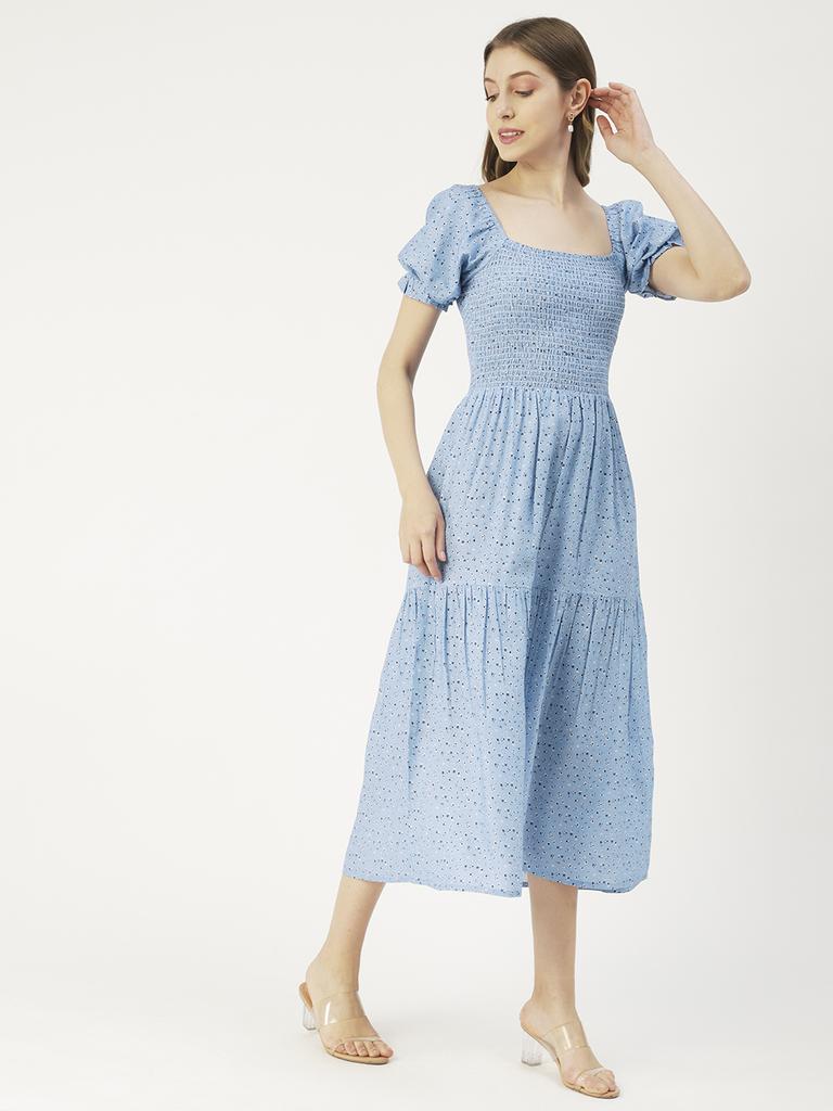 Moomaya Printed Viscose Rayon Summer Dress, Square Neck Smocked Long Dress