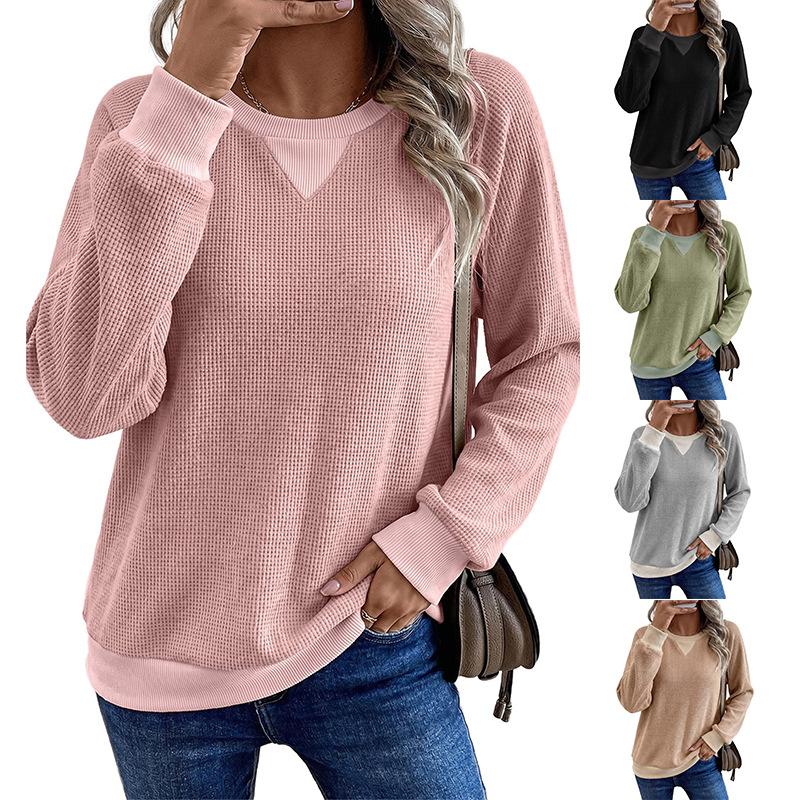 Women's Long Sleeve T-Shirt 2026 Fall Winter New Arrival Patchwork Color Block Waffle Knit Pullover Casual Loose Fit Tunic Top