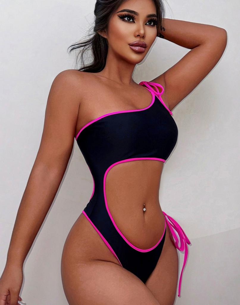 Women's Swimsuits Black One-shoulder Drawstring Side Tied Swimsuit Bikini Beachwear Bathing Suits