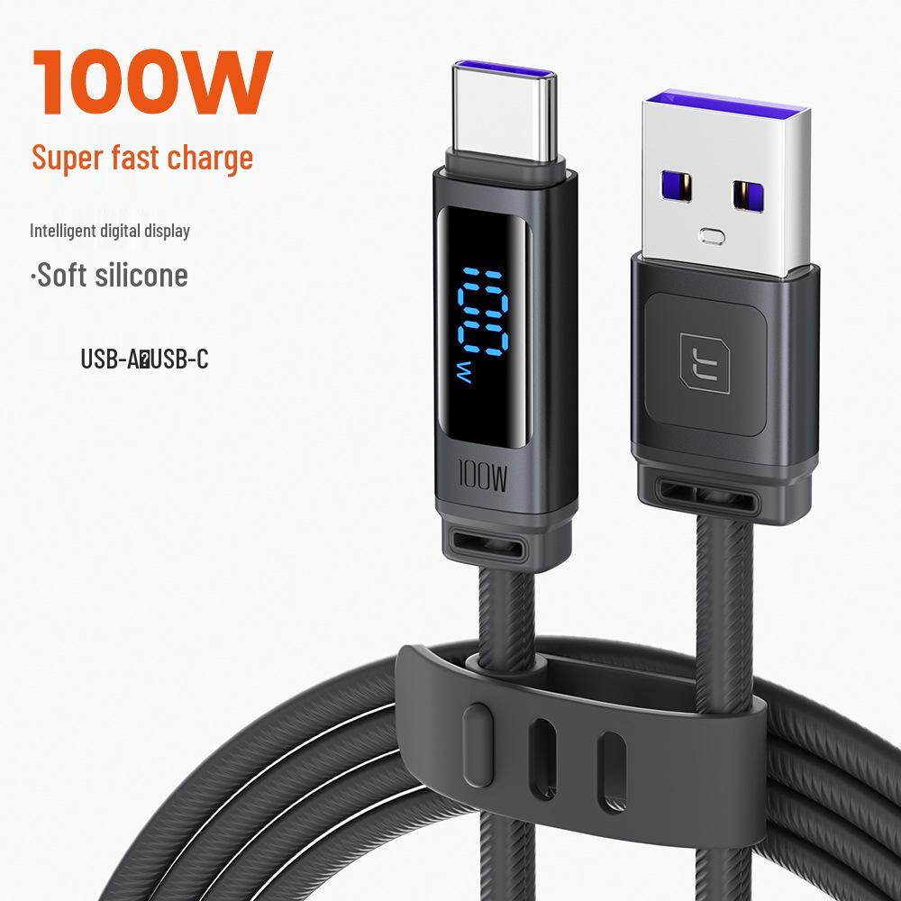 

Силиконовый кабель Tookci 100 Вт для передачи данных, Быстрая зарядка A-C, Цифровой дисплей, Совместим с Huawei, Vivo, Xiaomi. 1 meter
