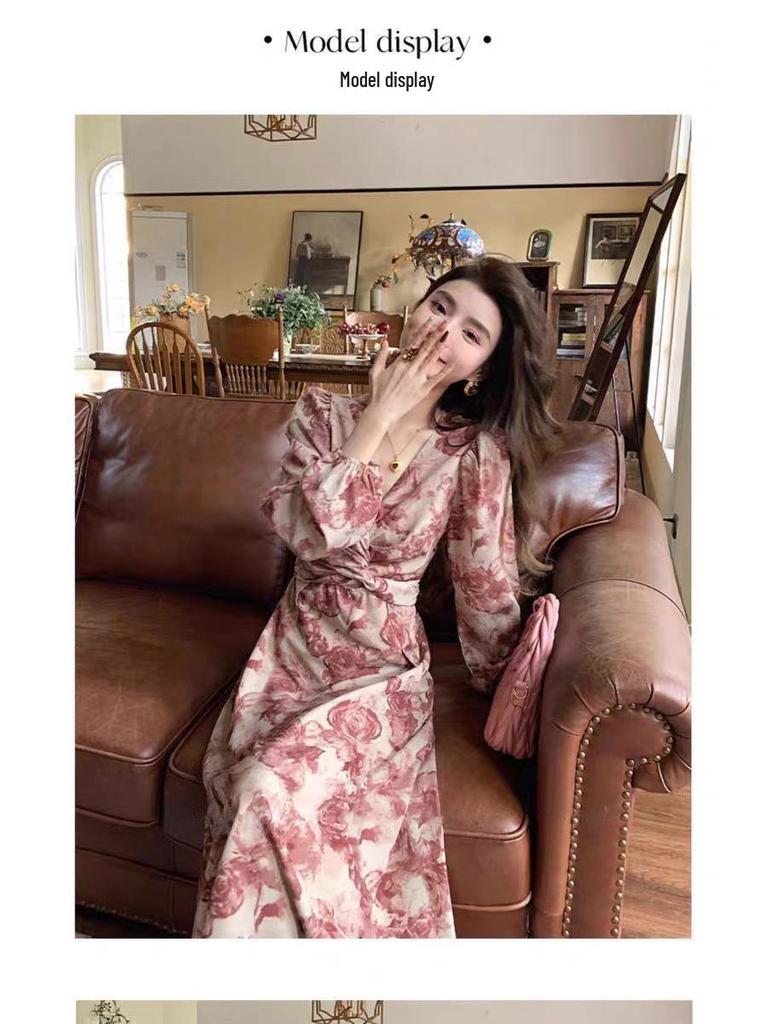 Elegant French Floral Print Cross Strap Dress for Women - Slimming Base Layer in Light Mature Style