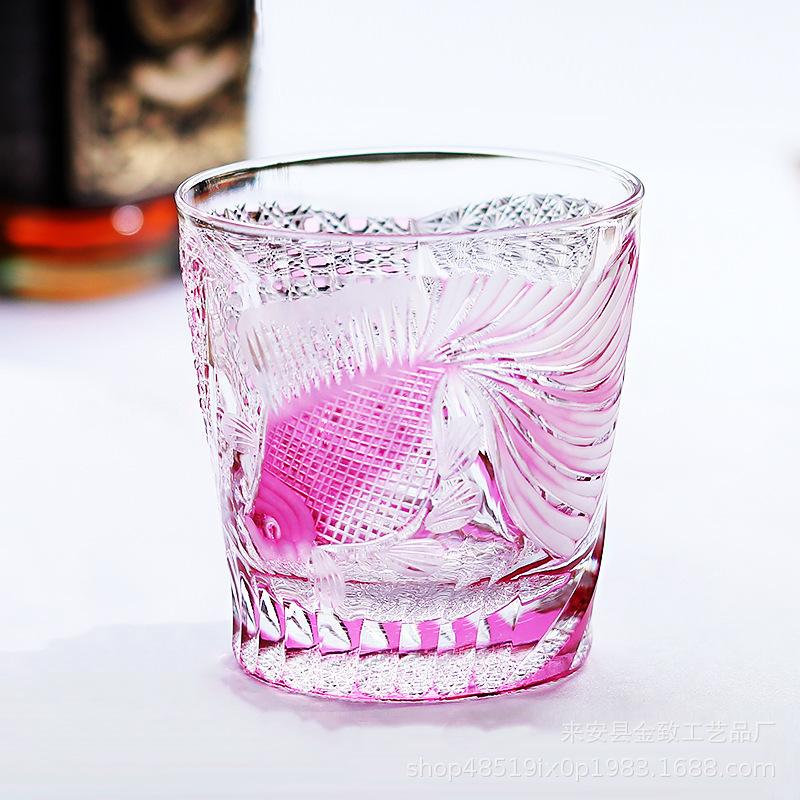 Rosa Kristall Goldfisch Edo Kiriko Weinglas Exquisite Schnitzerei Weinglas Whiskeybecher Brandy Snifter Spirituosen Whisky Eiswürfel Dropship 260-320ml