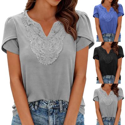 Women Loose Lace V Neck Dressy Business Casual Tops Blouses Elegant Petal Sleeve Shirts