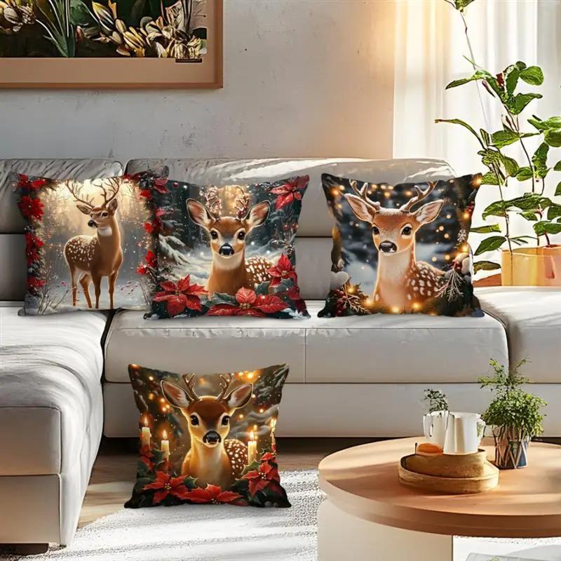 Home Decor Deer With Poinsettia And Holiday Lights Pattern Cushion Covers For Sofa Bedroom Car Pillow Covers
