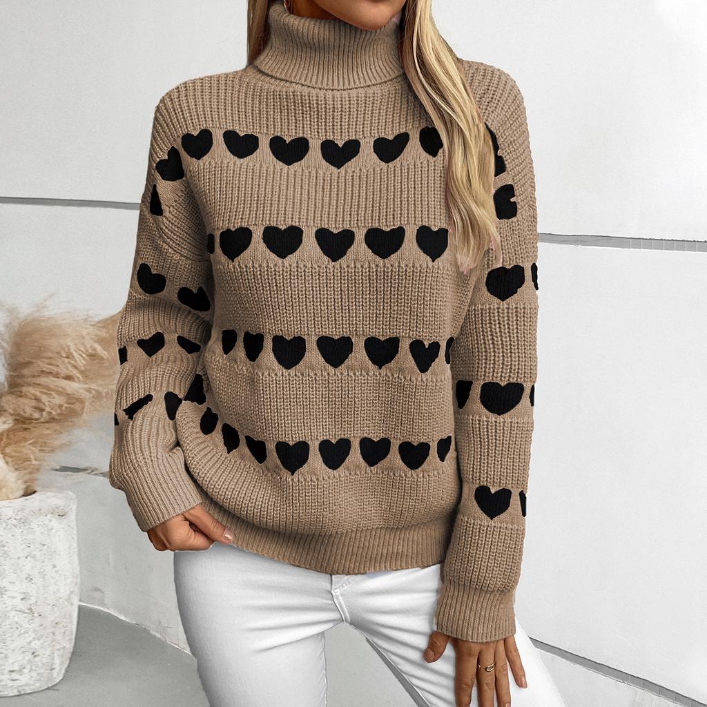 Sueter Mujer 2025 Korean Casual Sweater Women Turtleneck Spliced Heart Knitted Top Vintage Streetwear Pullover CR4319