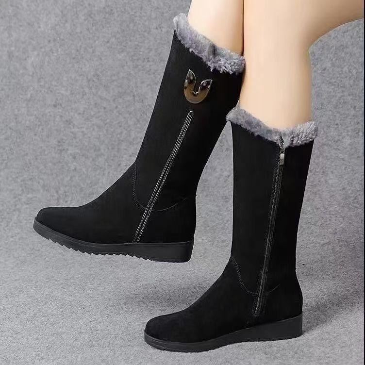 Winter versatile women's boots women's shoes fleece thickened medium tube Martin boots wedge heel non-slip warm side zipper cotton