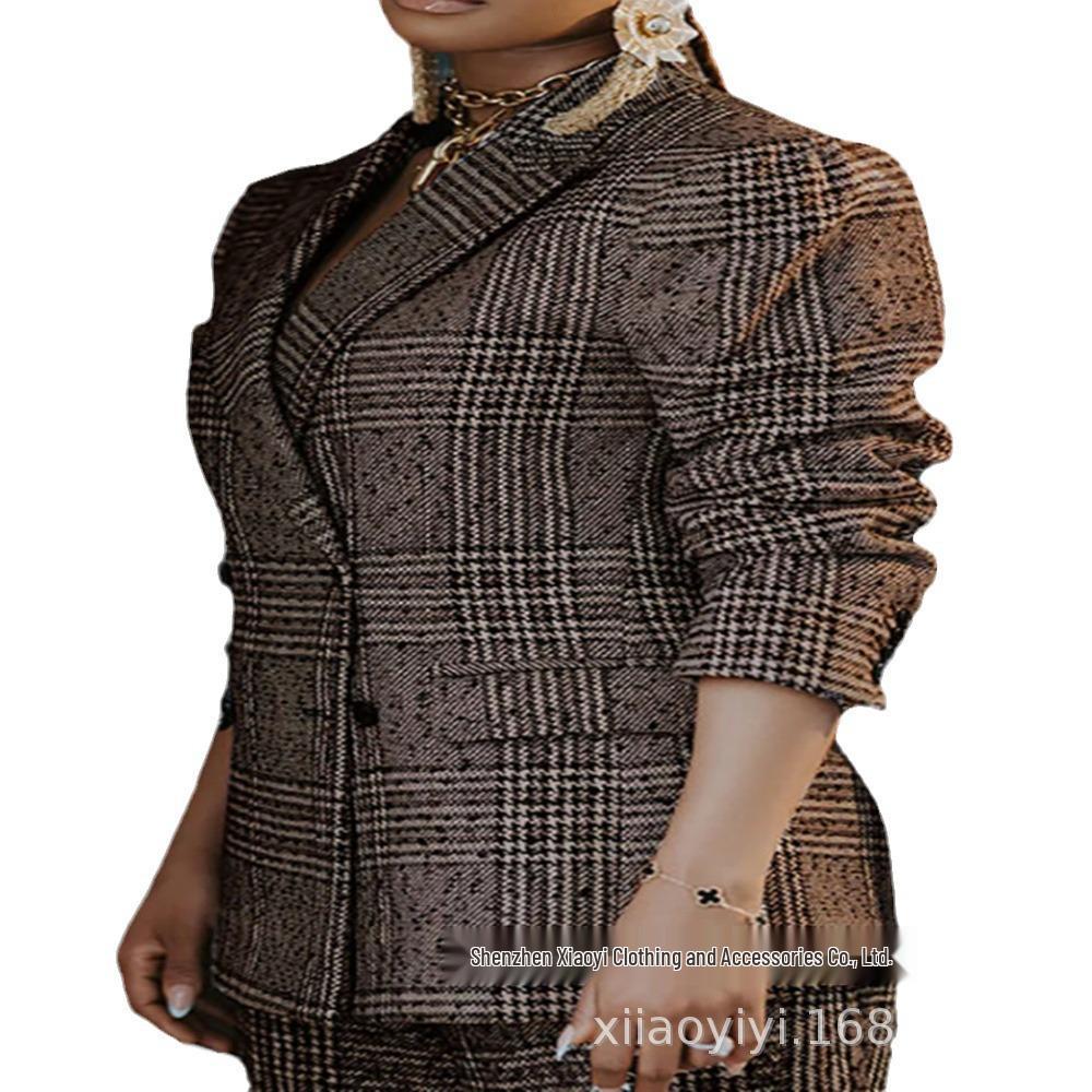 Elegant Women s Plaid Coat Suit with Loose Trousers - Commuting Two-Piece Set XXX-Large кофейный