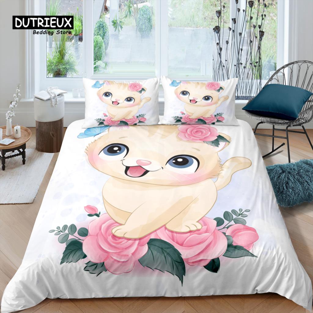 Home Living Luxury 3D Cartoon Cat Bedding Set Animal Duvet Cover Pillowcase Queen and King EU/US/AU/UK Size Comforter Bedding