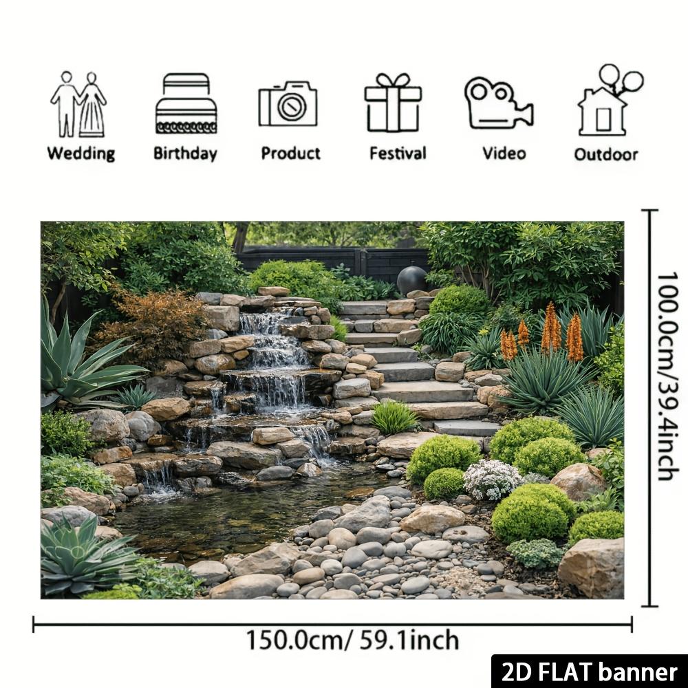 2D planar courtyard stone steps, cascading waterfalls and waterfall background fabric - landscape theme
