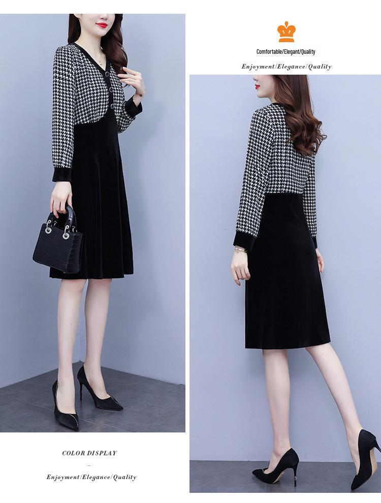 Women's Houndstooth Velvet Patchwork High Waist Midi Dress