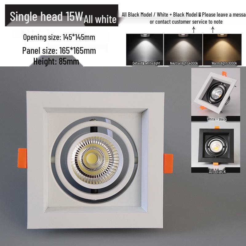 LED Double Head Spotlight: Embedded Grille, Single or Triple Head, Square Cylinder Design - Ideal for Living Room or Commercial Spaces.