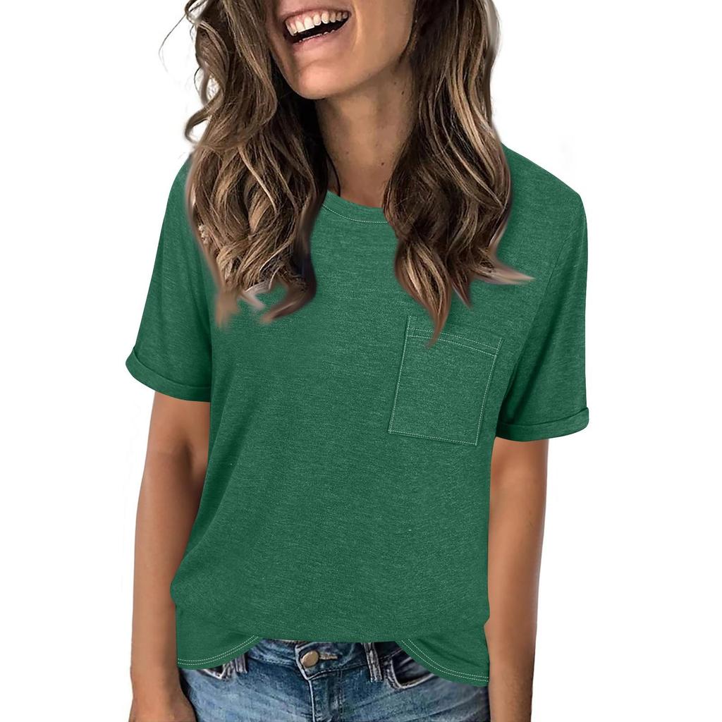 26-3-14-Women's Fashion Round Neck T-Shirt Solid Color Loose-Fit Short Sleeve Top2101