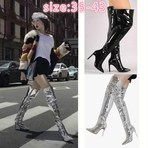 Women Fashion Faux Leather Thigh High Boots Nightclub Style Sexy Anti-Slip Prom Shoes Pointed Toe Long Boots