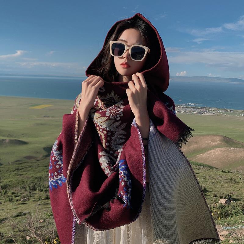 Fashion Imitation Cashmere Women Scarf Winter Hooded Poncho Warm Female Boho Wrap Blanket Capa Para Mujer Pashmina Shawl Chales