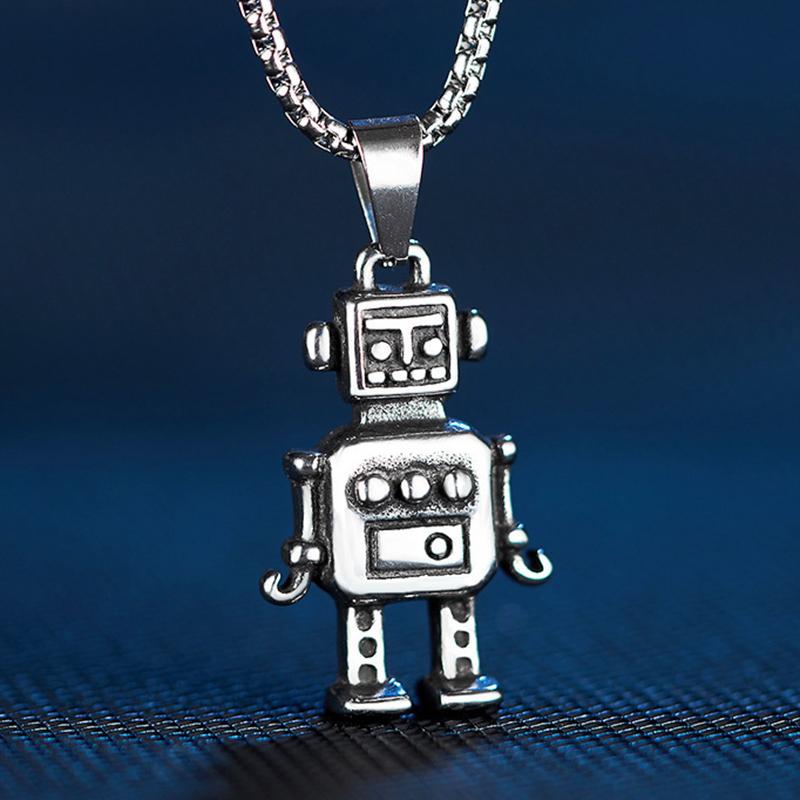 Vintage Copper Color Cool Robots Pendant Necklace For Men Hip Hop Rock Stainless Steel Box Chain Retro Hippie Neck Jewelry Gifts