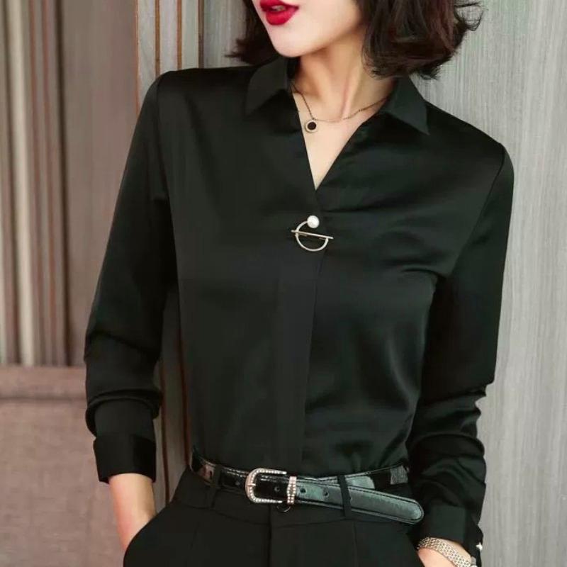 Elegant Women Chiffon Blouse Temperament Turndown Collar Office Lady Shirt Streetwear Casual Solid Color Tops Clothing