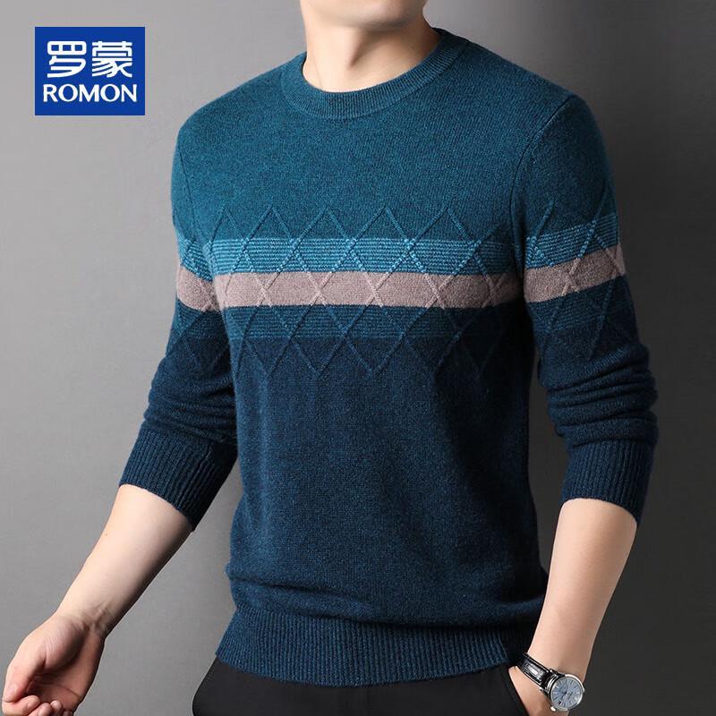 ROMON Men's Cashmere Colorblock Striped Round Neck Sweater