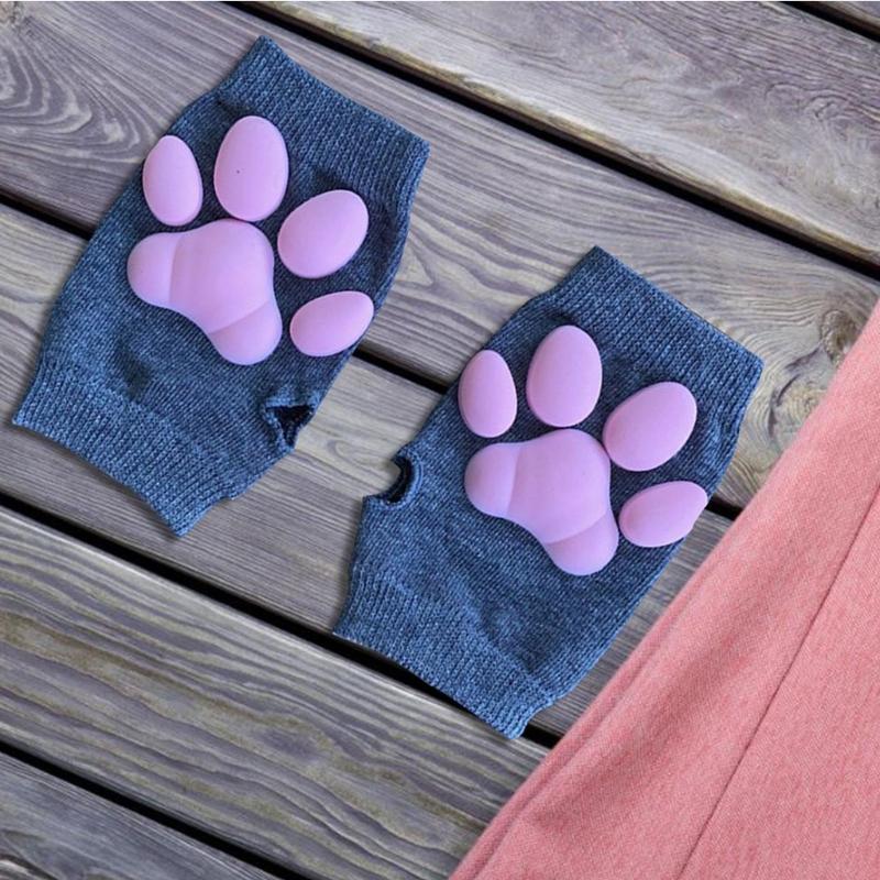 Silicone 3D Cats Claw Pad Mittens Fingerless Kitten Paw Gloves Halloween Cats Cosplay Mitten Knitted Lolita Hand S