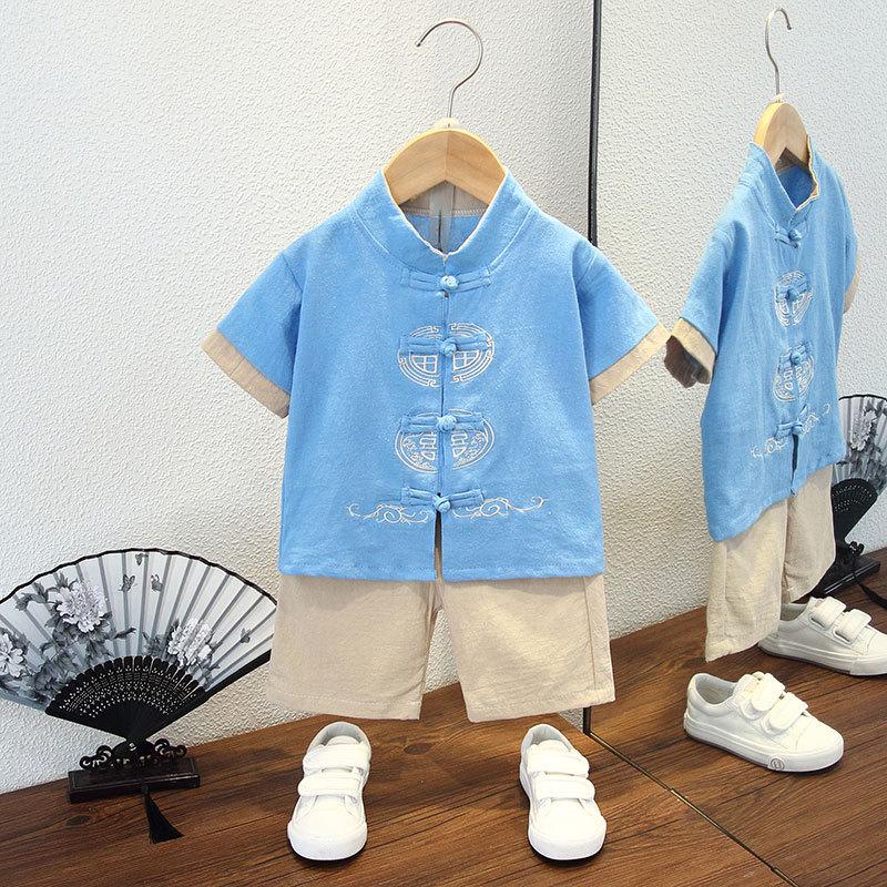 Completo Estivo da Ragazzo a Maniche Corte Stile Cinese per Bambini Hanbok Bello Completo Tang Cotone Lino Sezione Sottile di Abbigliamento Antico
