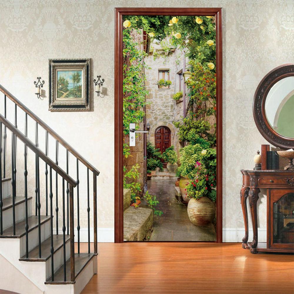 3D Door Mural Sticker Peel and Stick Door Wallpaper Golden Buddha Castle Moon Mermaid Flower Home Decor Removable
